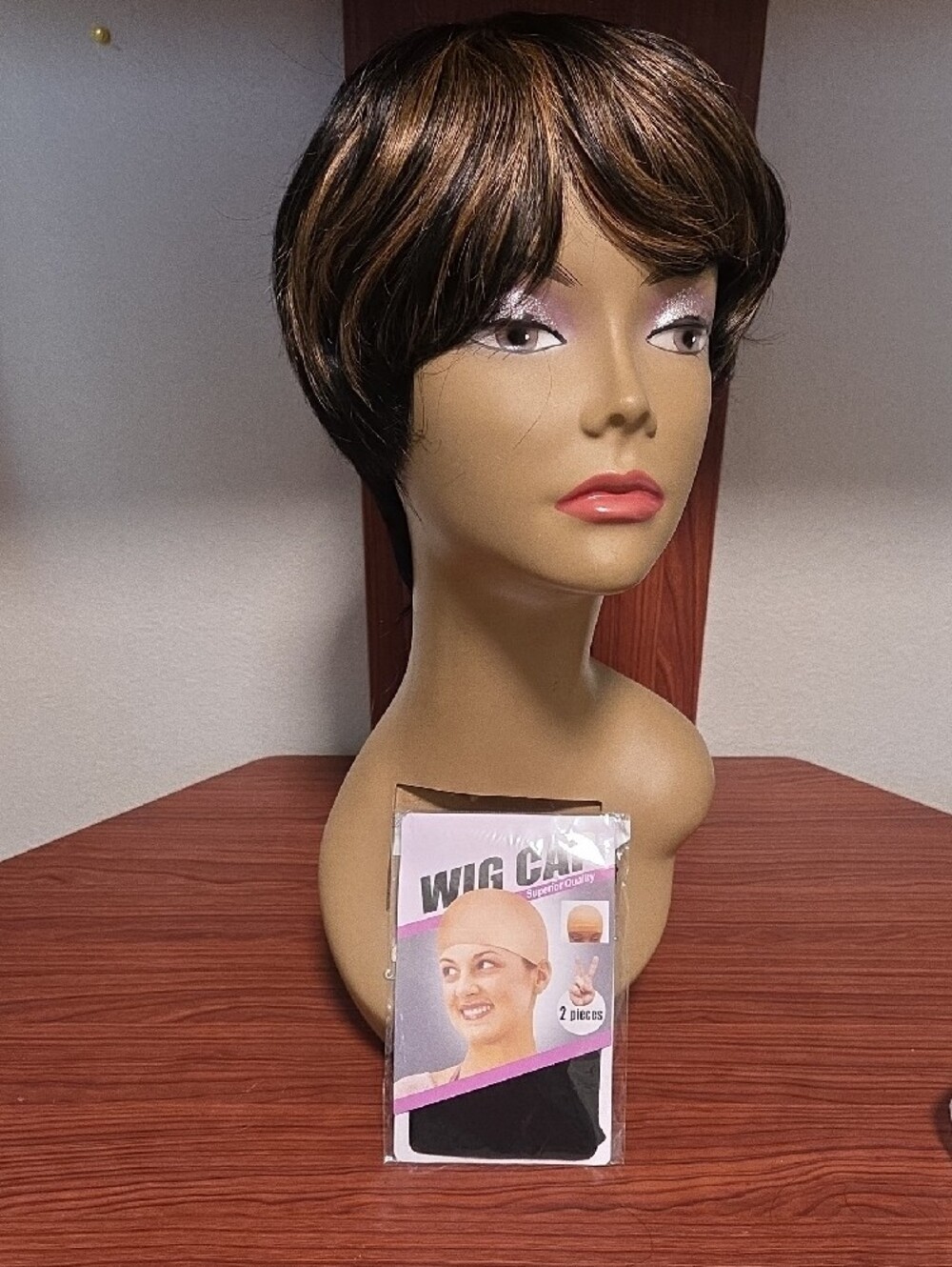Short Layered Women’s Pixie Cut Wig in Black with Caramel Highlights